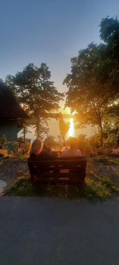 Dvoje ljudi na klupi u bašti, ispred njih sunce zalazi nad rekom